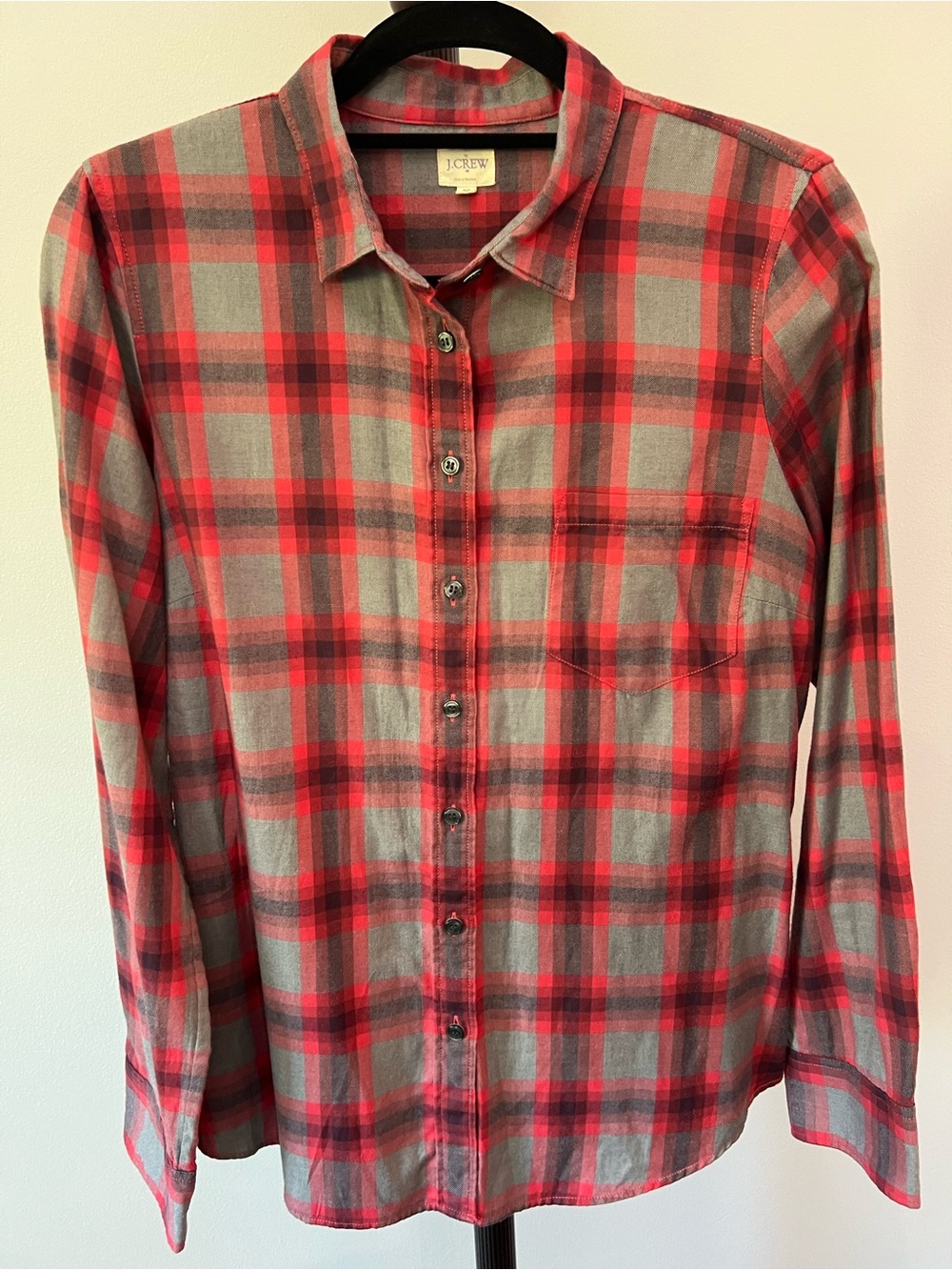 J. Crew Women’s 100% Cotton Red and Gray Plaid Button-Down Shirt